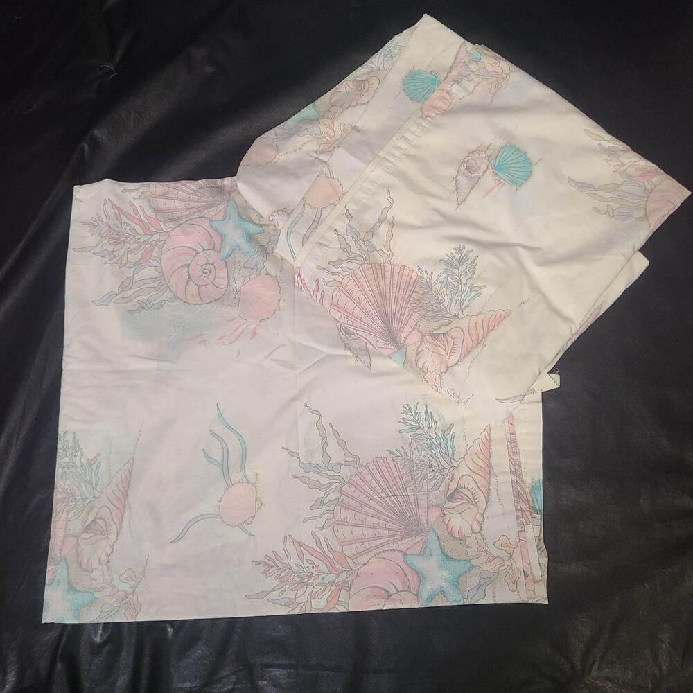 Vintage 80's JC Penny pastel nautical seashell print full sheets